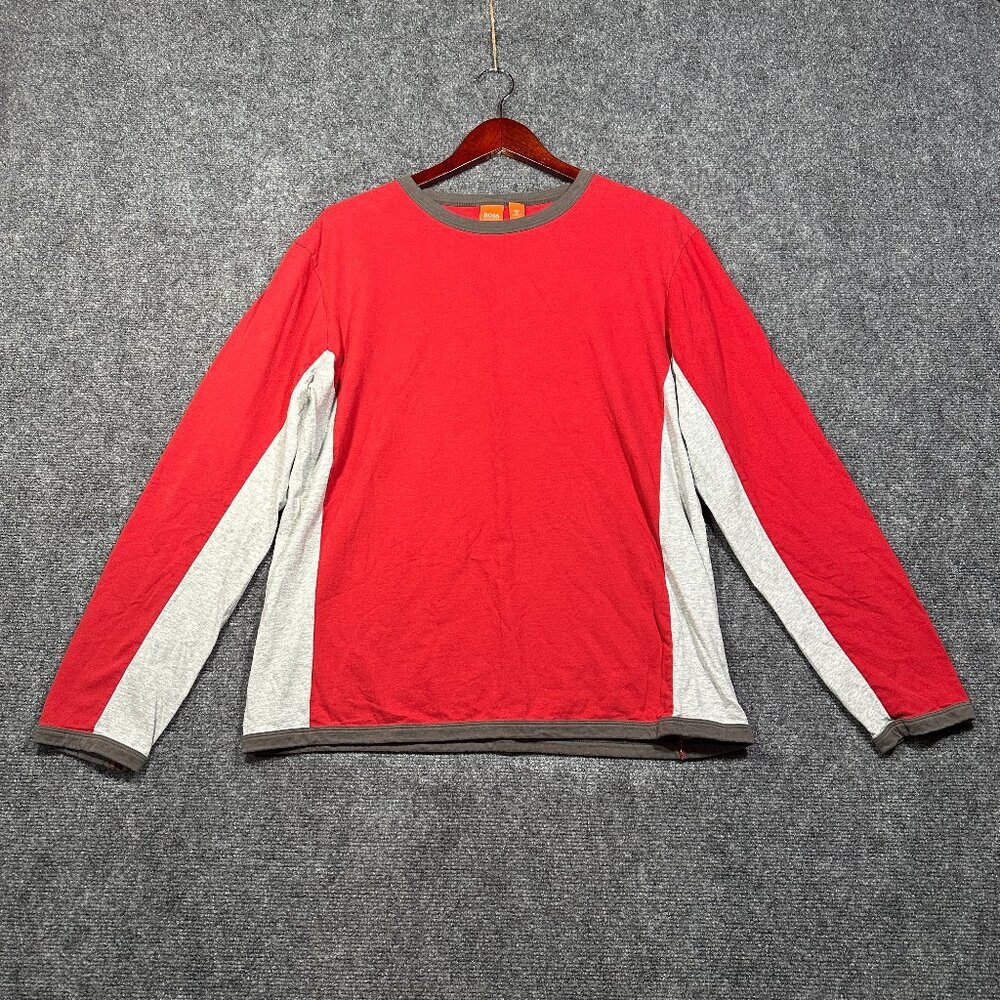 Hugo Boss Tee Shirt Mens XL Red Cotton Long Sleeve Colorblock Crew Neck